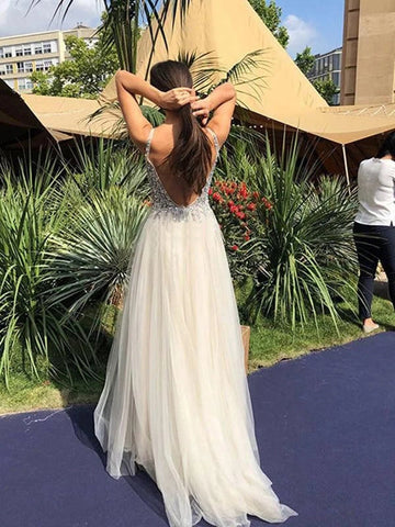 V-col Robes à Brillante Paillettes en Tulle Long de Mariée Dos Nu